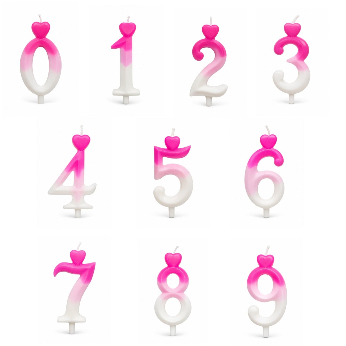 Nine birthday candles shaped like the numbers 0 through 9, each with a pink-to-white gradient body and a pink heart-shaped topper, shown on a plain white background.