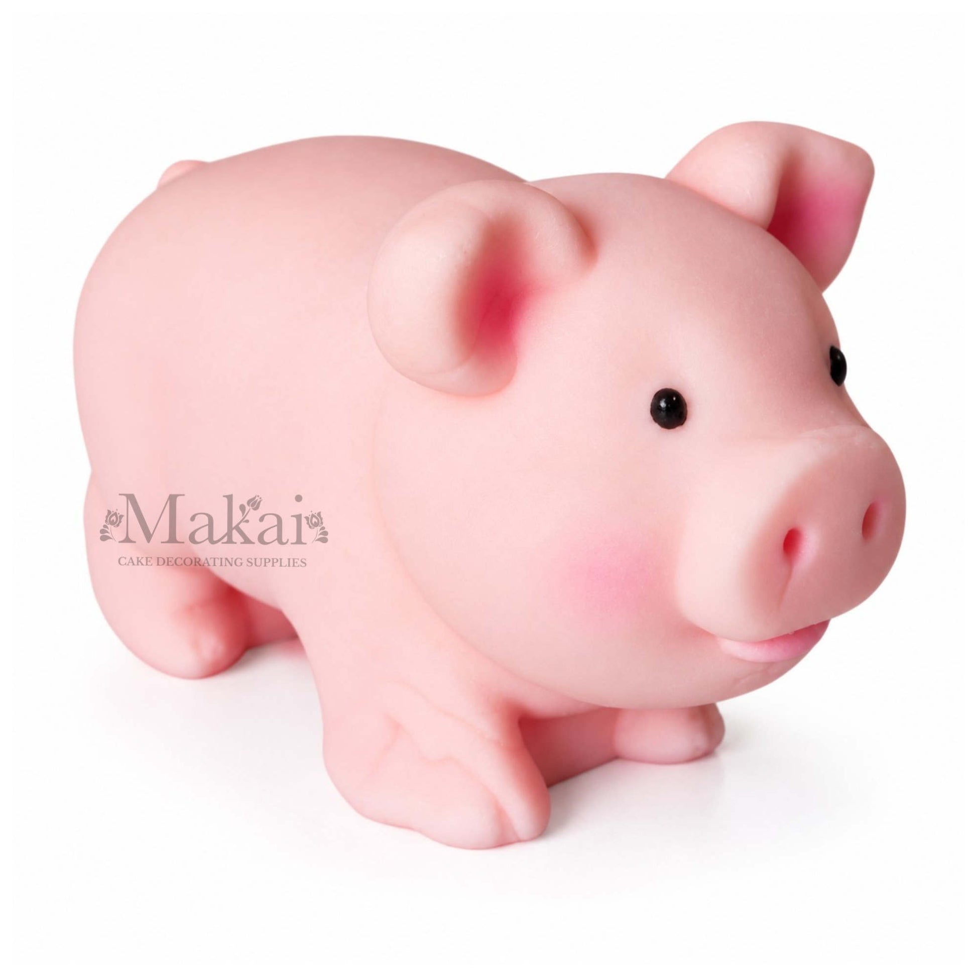 Large pink pig fondant cake topper with curled tail for farm themed birthday cakes