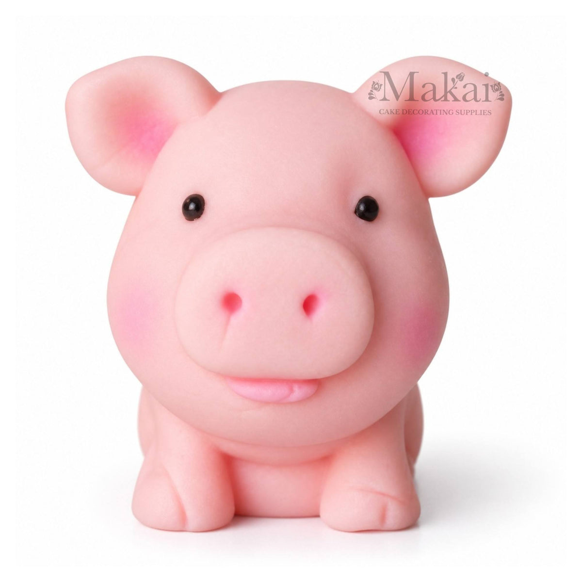 Large pink pig fondant cake topper with curled tail for farm themed birthday cakes