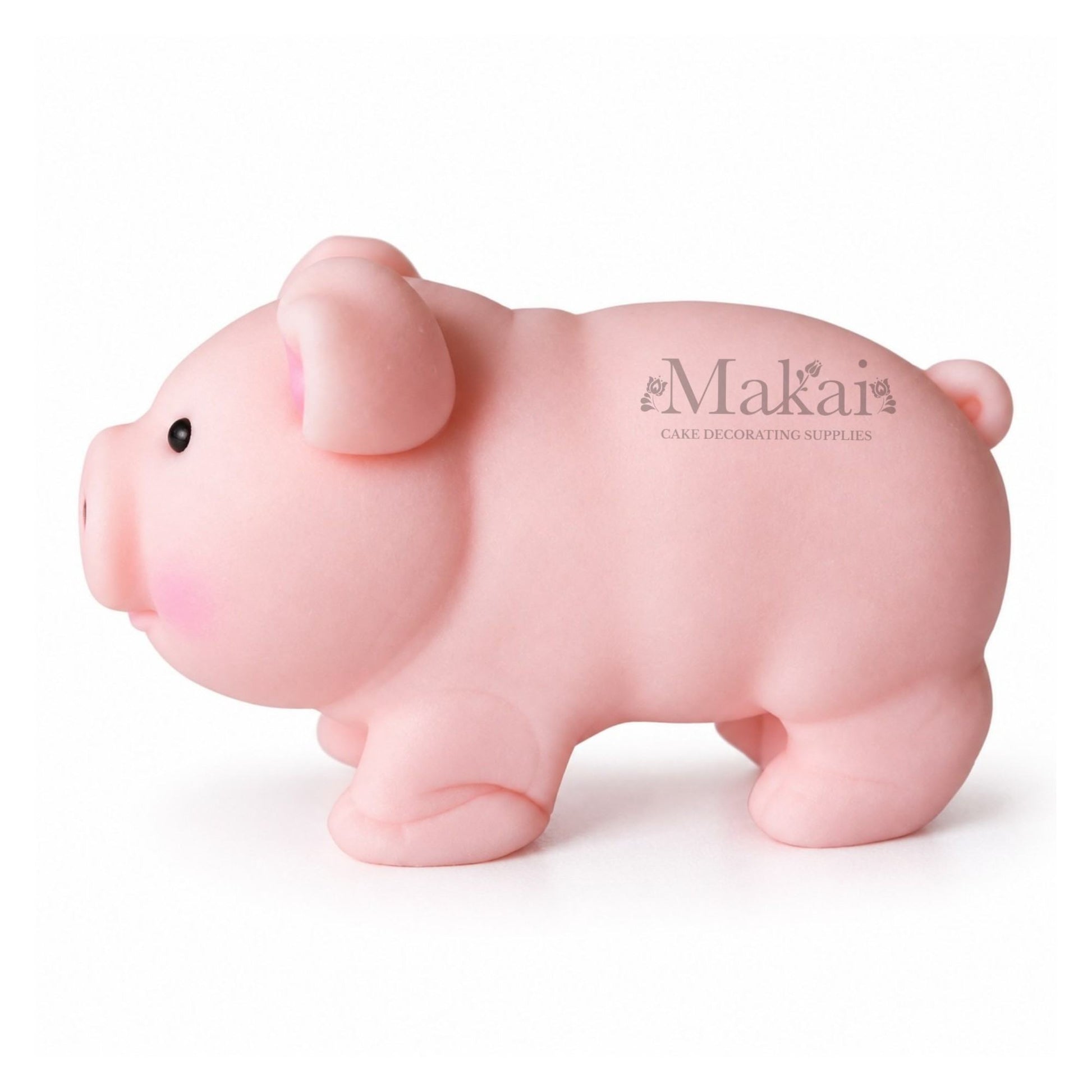 Large pink pig fondant cake topper with curled tail for farm themed birthday cakes