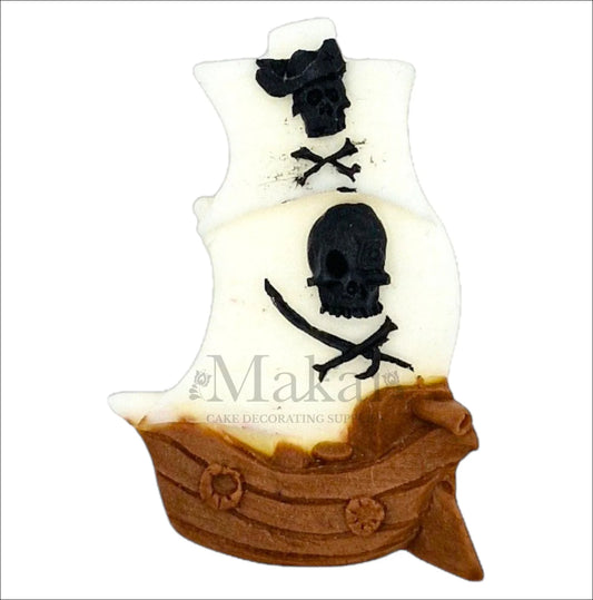 Edible pirate ship fondant cake topper with skull and crossbones design for treasure or adventure-themed cakes.