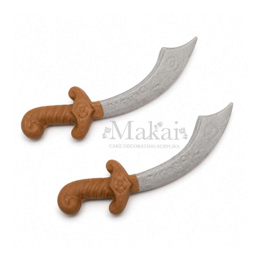 Pirate sword cake decoration set with brown hilt and grey blade.