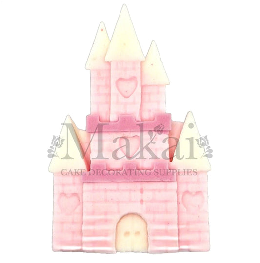 Edible pink princess castle fondant cake topper with heart details – perfect for fairy tale and birthday cakes.