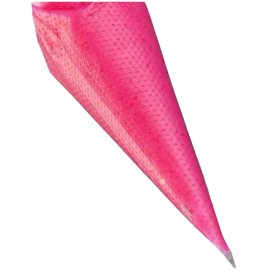 PVC piping bag filled with bright pink cream, shown from the side to highlight texture and flexibility – ideal for cake decorating.