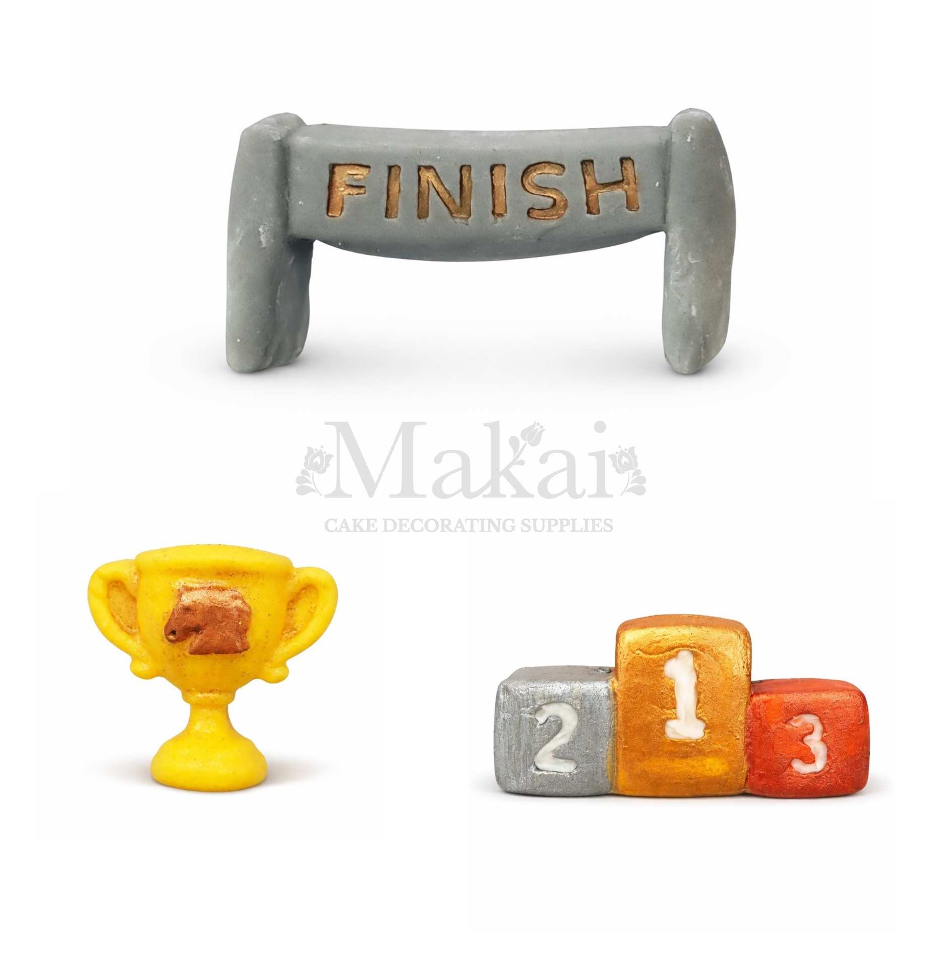 horse racing cake decoration set with finish line podium and trophy