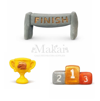horse racing cake decoration set with finish line podium and trophy