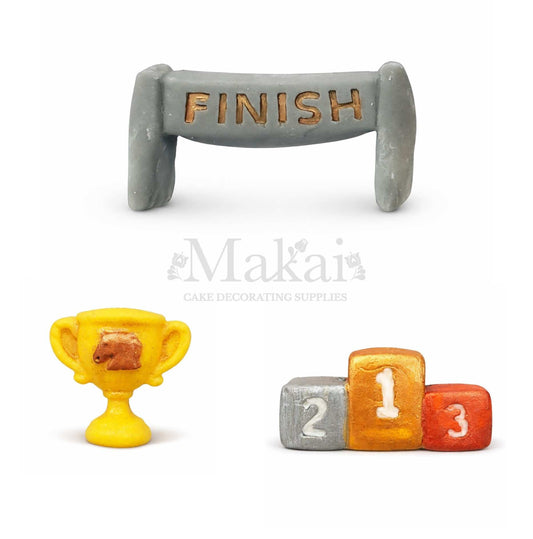 horse racing cake decoration set with finish line podium and trophy