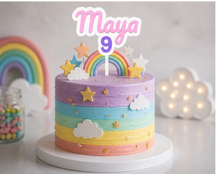 Colorful birthday cake with rainbow and cloud decorations, featuring the name 'Maya' and age '9'.