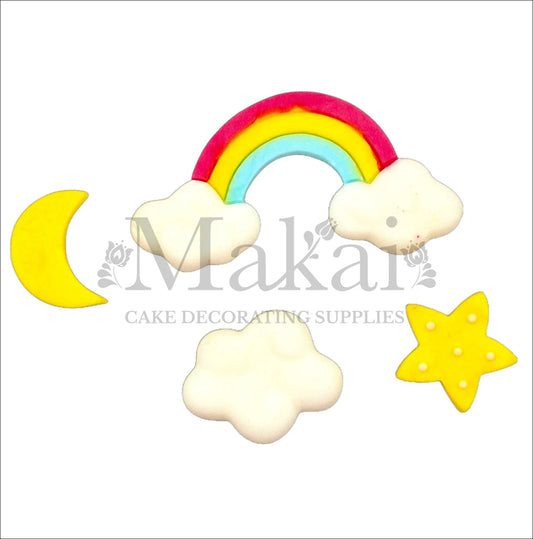 Edible rainbow, cloud, moon, and star cake topper set – perfect for dreamy sky-themed cakes and children’s celebrations.