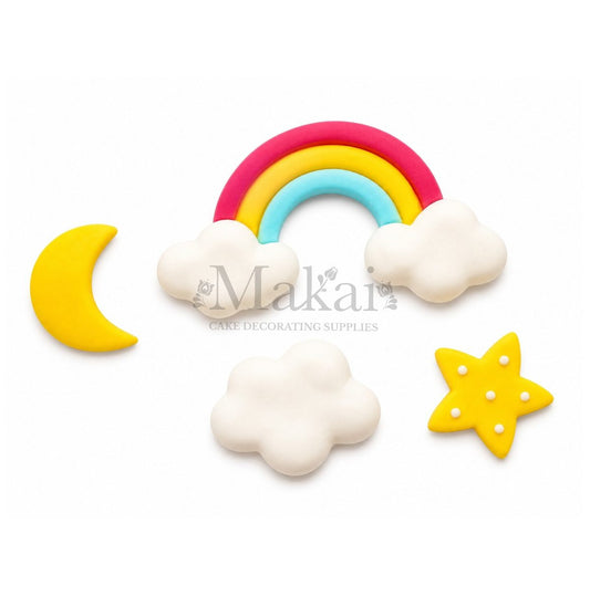 Edible rainbow, cloud, moon, and star cake topper set – perfect for dreamy sky-themed cakes and children’s celebrations.