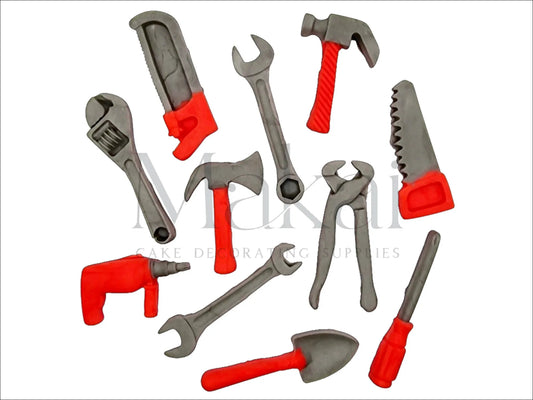 Red fondant tool set with various hand tools for cake decoration – hammer, wrench, saw, drill, and more.