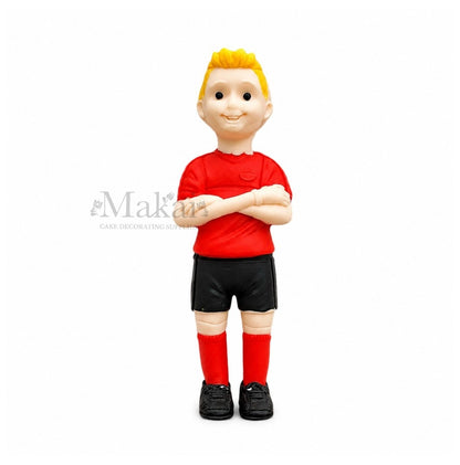 Personalized football player figurine with custom colours for hair, shirt, shorts, shoes, and socks.