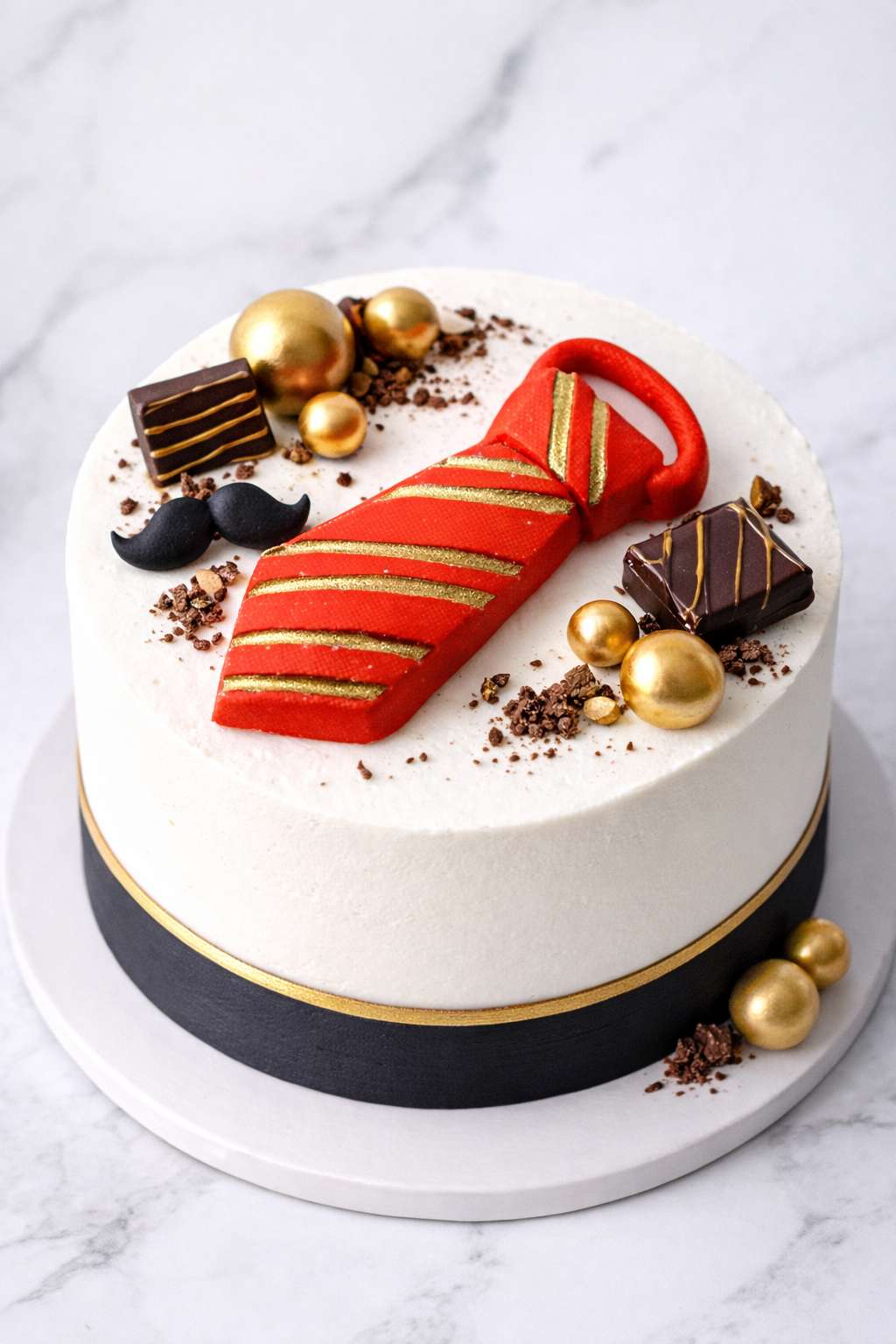 Red tie cake decoration placed on top of a white buttercream cake with gold accents, ideal for Father’s Day celebration