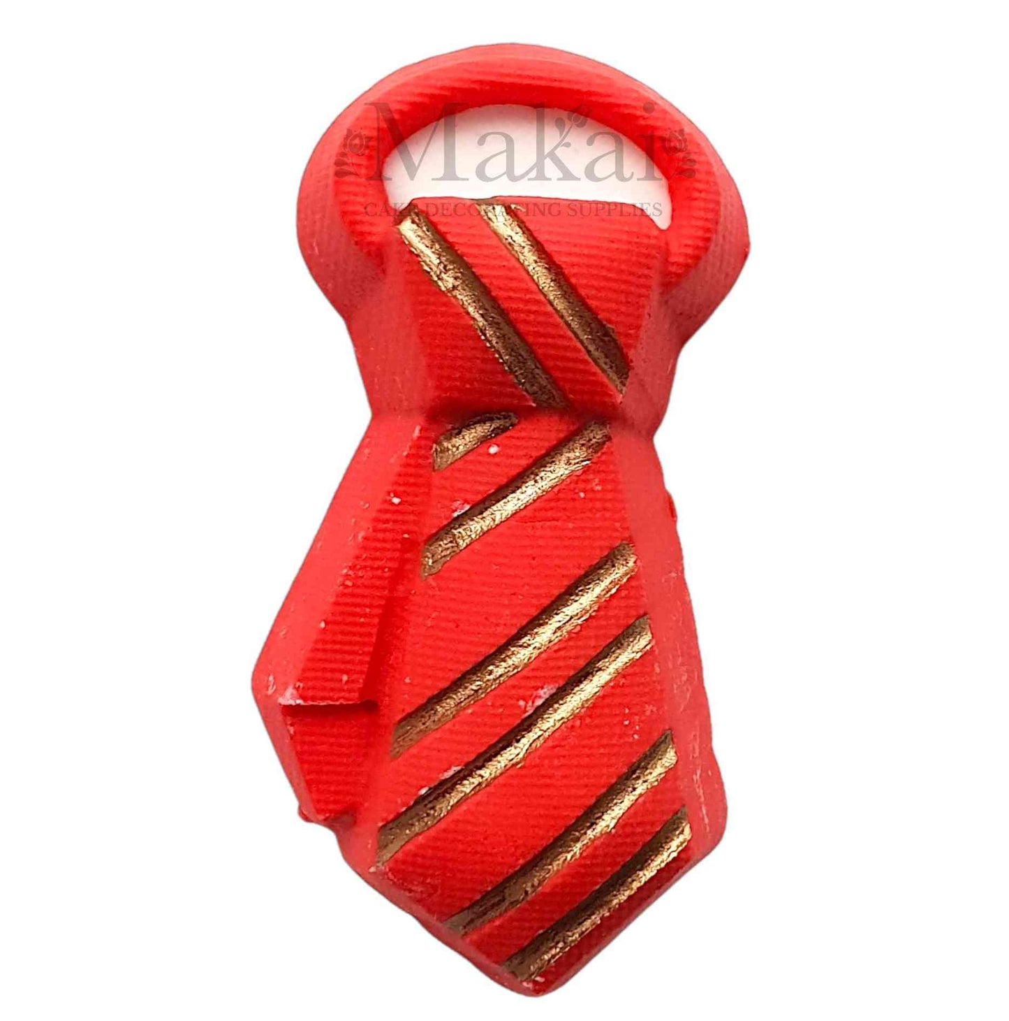 Red fondant tie cake topper with gold detailing for gentleman themed cakes