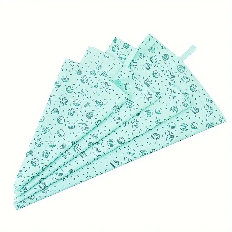 Green reusable silicone piping bag with cute bakery pattern – 4 sizes available – eco-friendly and flexible for cake decorating