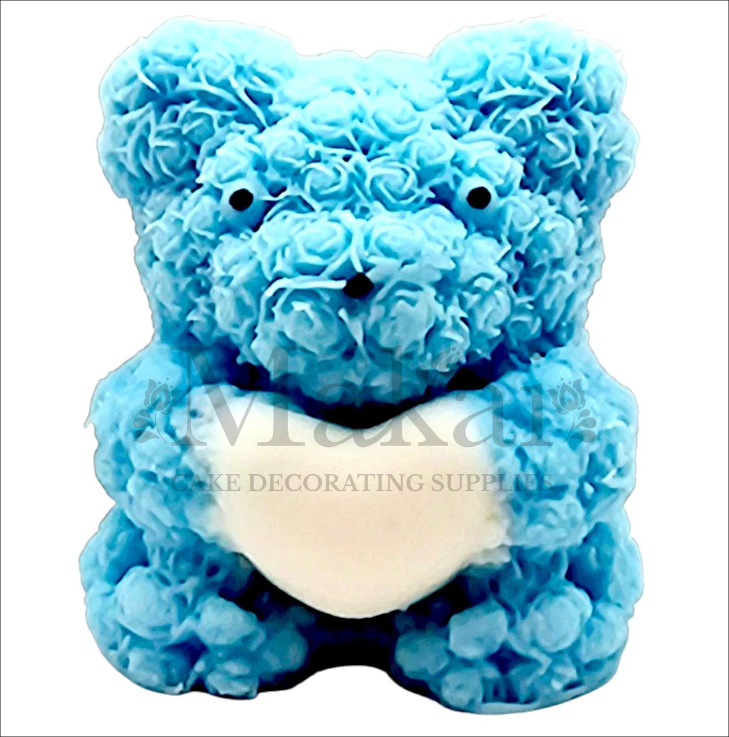Blue rose bear edible cake topper with a white heart, perfect for baby showers and birthdays.