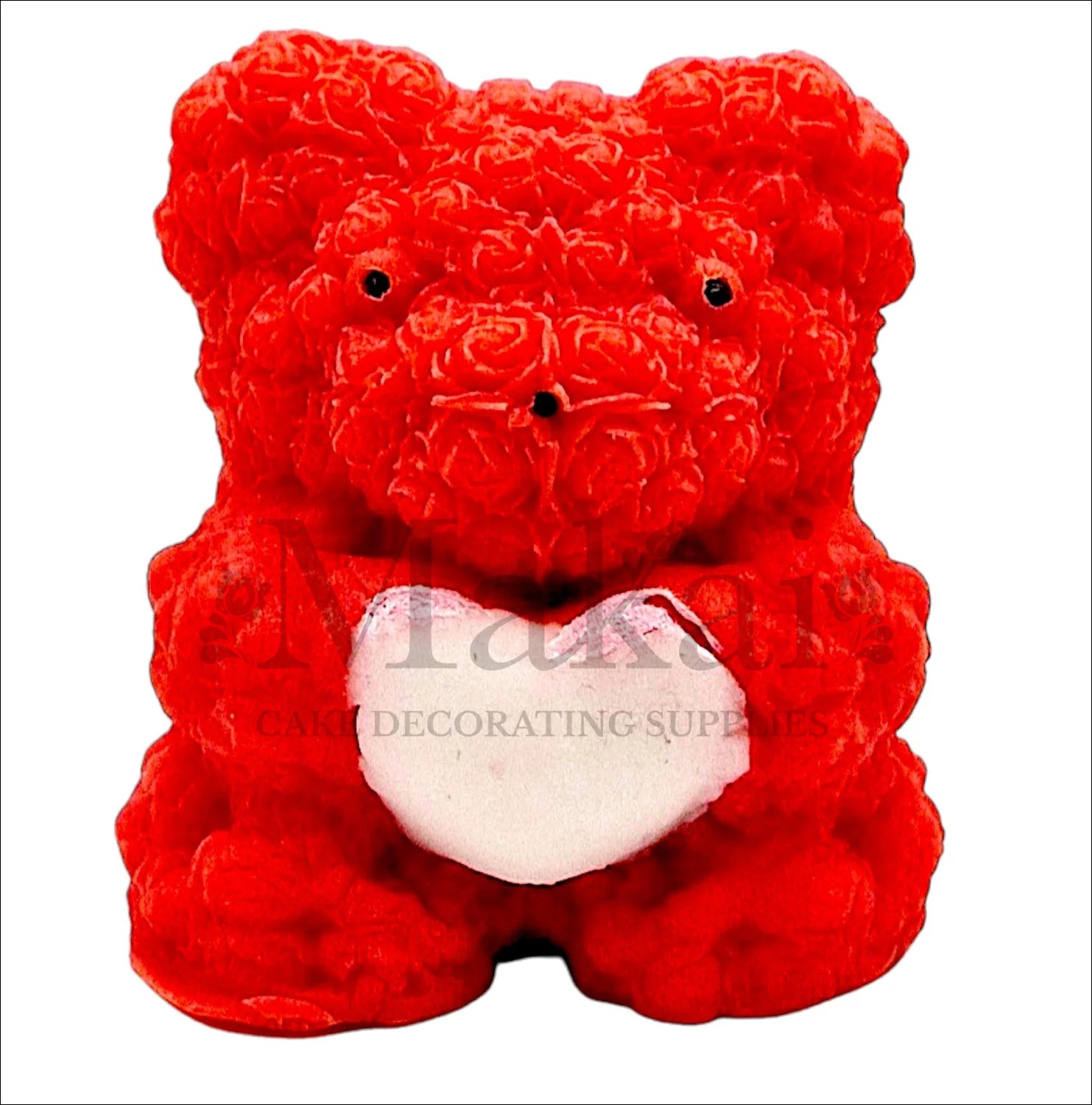 Red rose bear edible cake topper holding a white heart, ideal for romantic and Valentine cakes.