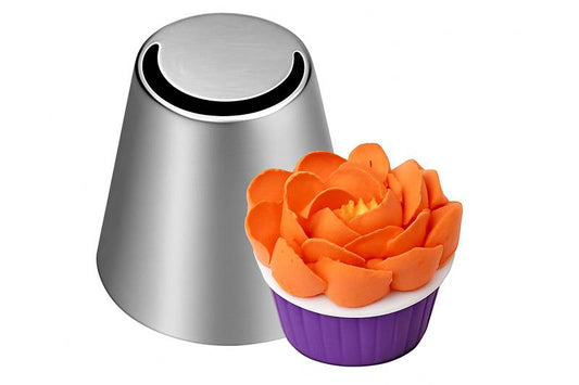 Stainless steel Russian piping tip with a buttercream peony flower cupcake in orange and purple.