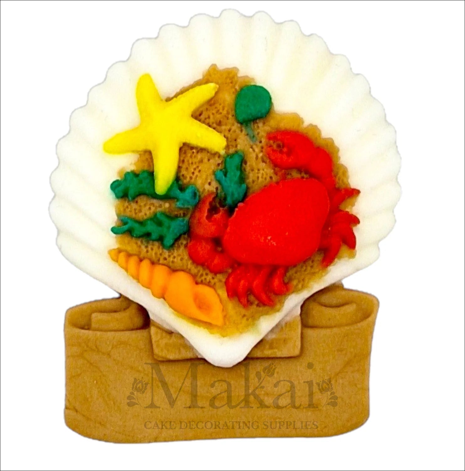 Ocean-themed cake topper featuring a white shell filled with a red crab, yellow starfish and colourful coral.