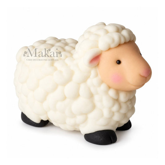 Large white sheep fondant cake topper with textured fleece for farm themed birthday cakes