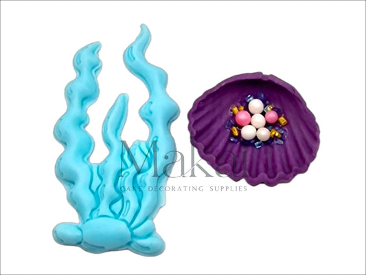 Edible ocean cake topper set with purple shell filled with pearls and flowing blue seaweed