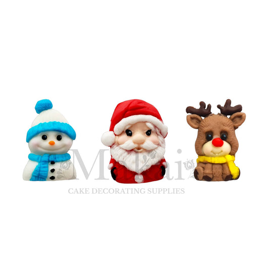 Edible fondant Santa, snowman and reindeer Christmas cake toppers set