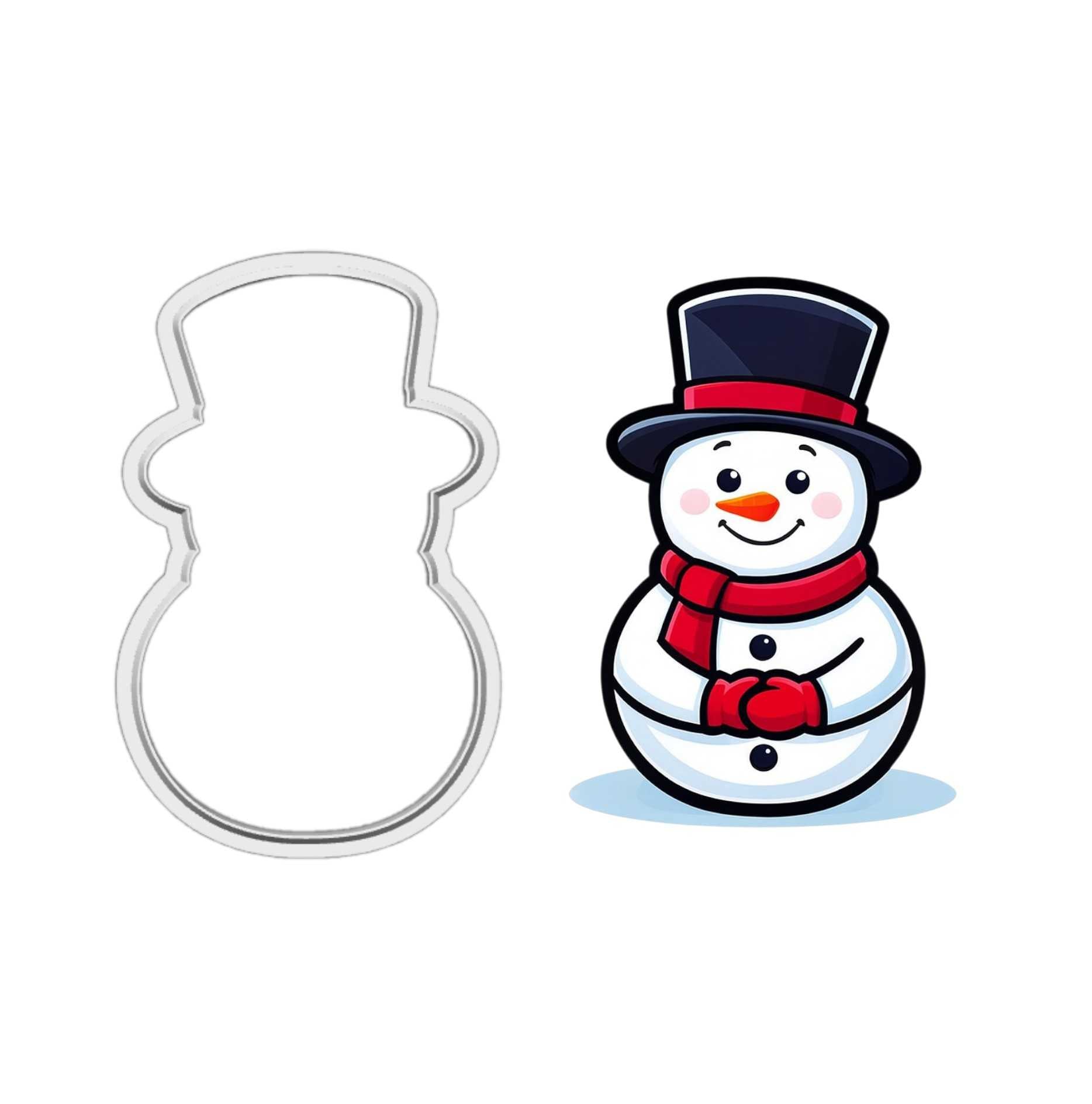 Snowman cookie cutter with matching illustrated snowman design, ideal for Christmas baking and decorating.