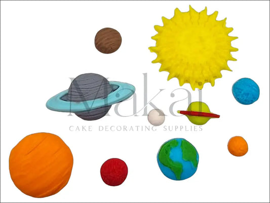 Handmade fondant solar system cake toppers featuring the Sun, Mercury, Venus, Earth, Mars, Jupiter, Saturn, Uranus, Neptune, and Pluto, perfect for space-themed cakes and parties.