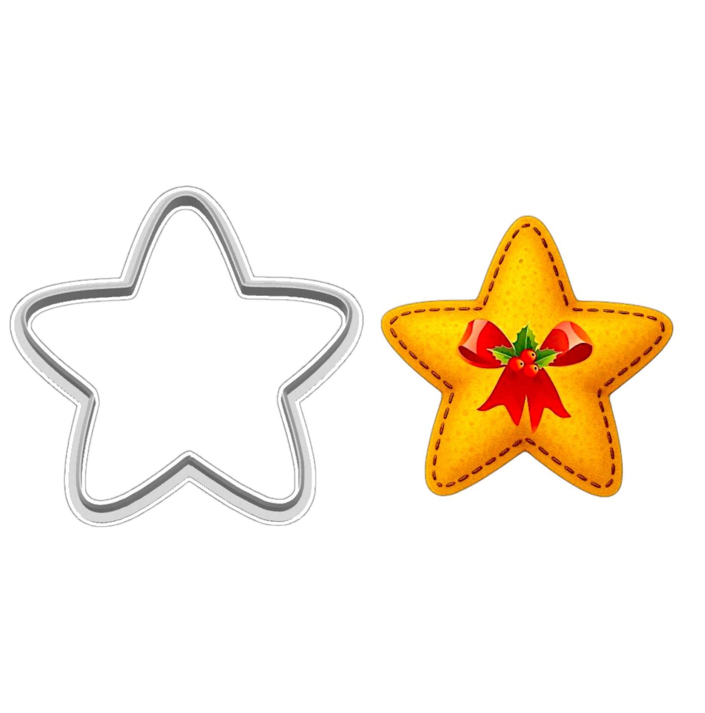 Star-shaped cookie cutter with matching decorated Christmas star cookie illustration