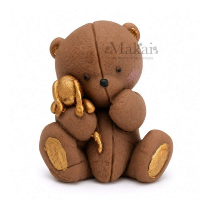 Brown teddy bear with gold bunny fondant cake decoration for baby shower and children's birthday cakes