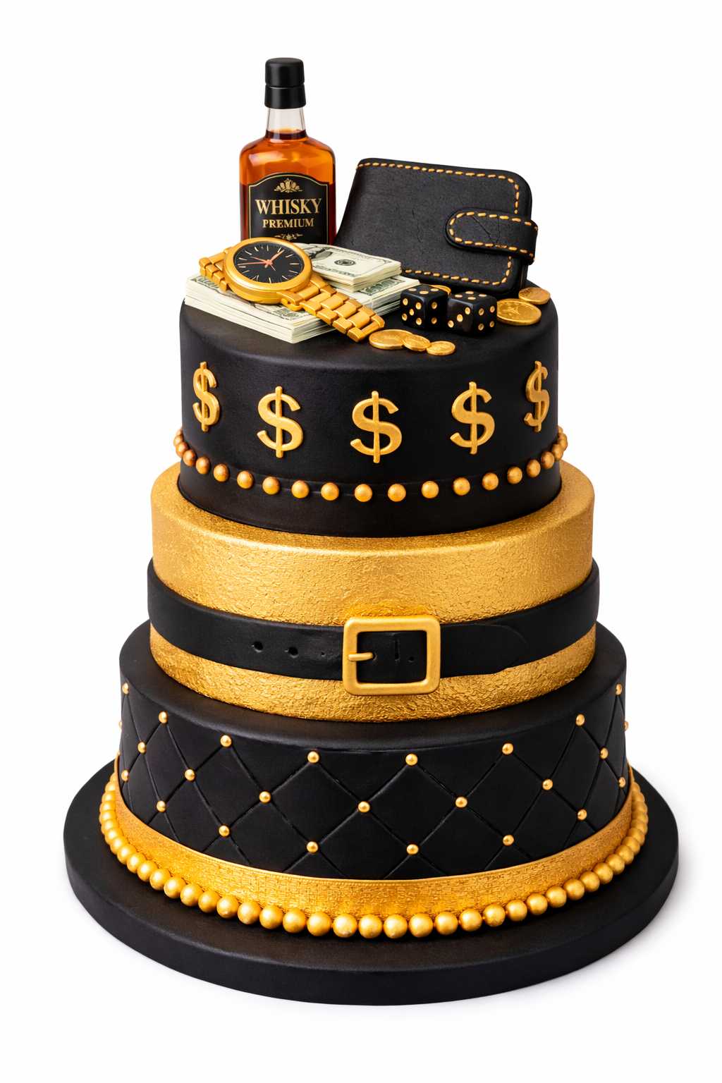 Three-tier luxury gentleman cake decorated with black wallet style fondant cake topper