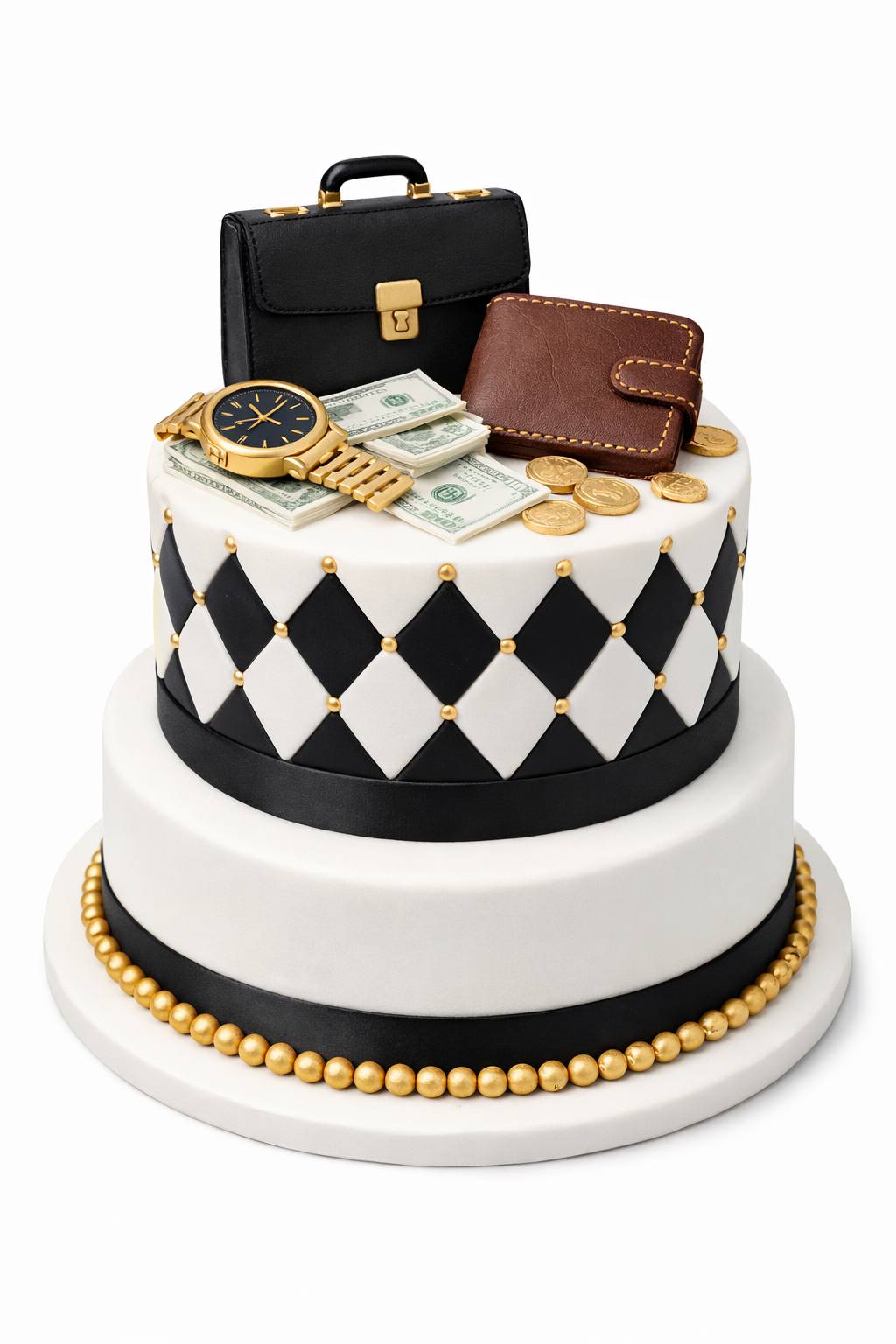 Two tier luxury gentleman cake with wallet inspired fondant decoration in elegant neutral tones