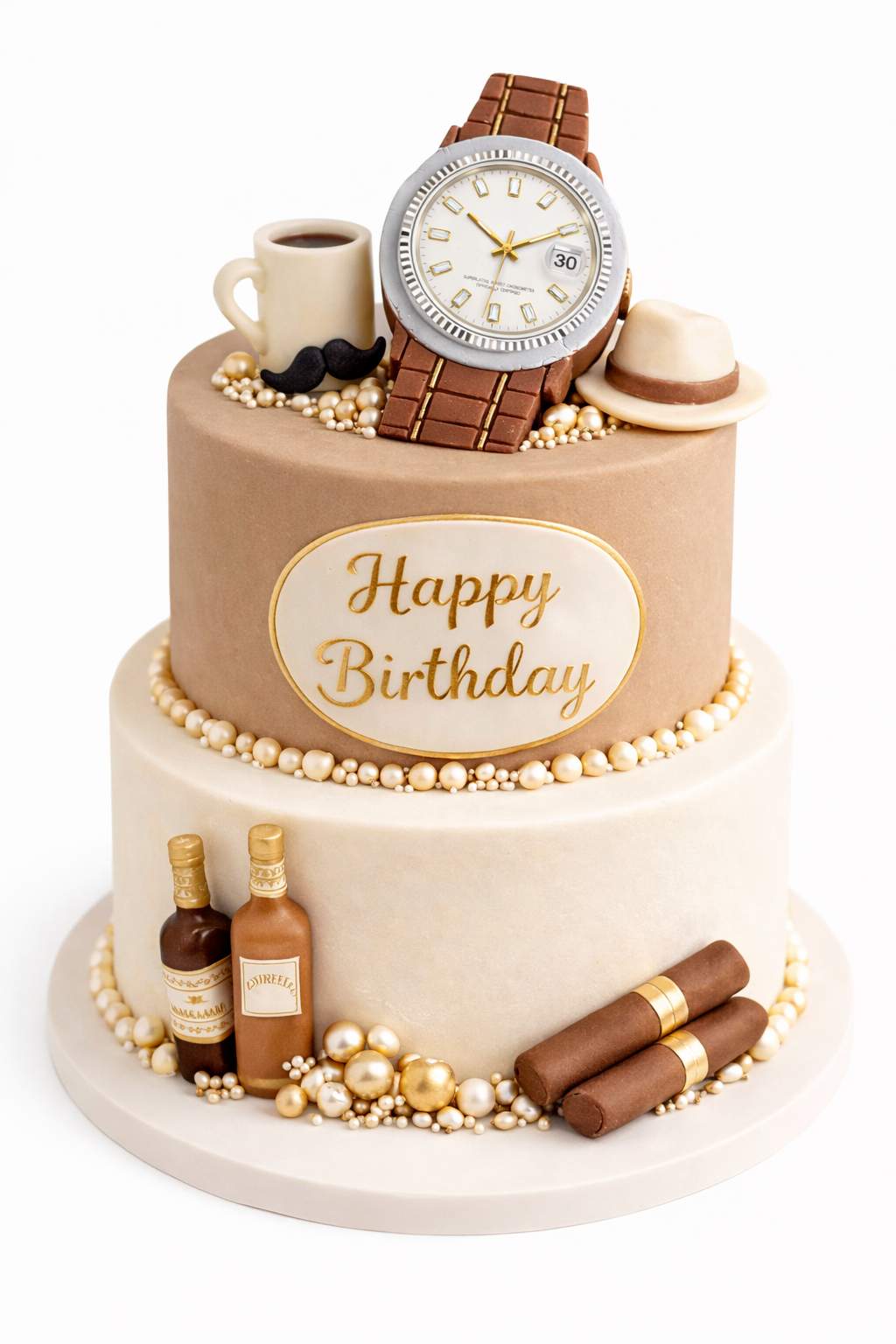 Two tier gentleman style birthday cake with luxury watch topper, elegant and understated cake design
