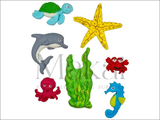 Handcrafted Underwater Sea Creatures Cake Topper Set featuring a turtle, crab, seaweed, starfish, octopus, seahorse, and dolphin for ocean-themed cakes.