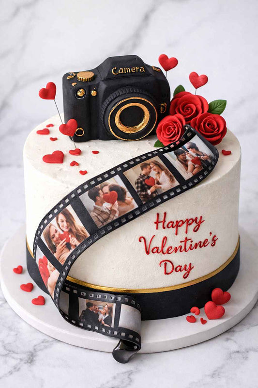 Valentine’s Day cake with black camera topper and edible filmstrip decoration