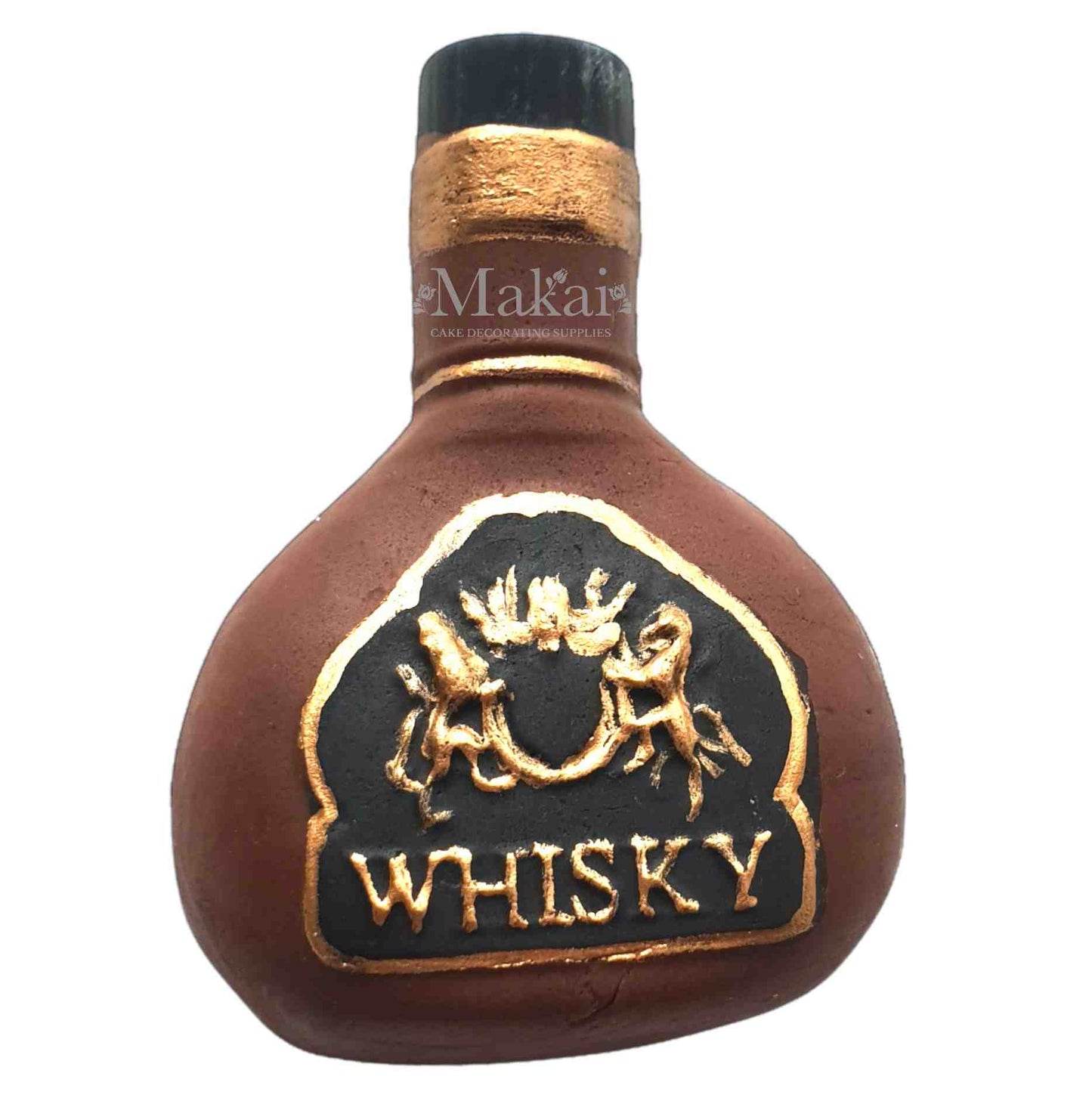 Brown and gold whisky bottle cake topper for masculine birthday cakes