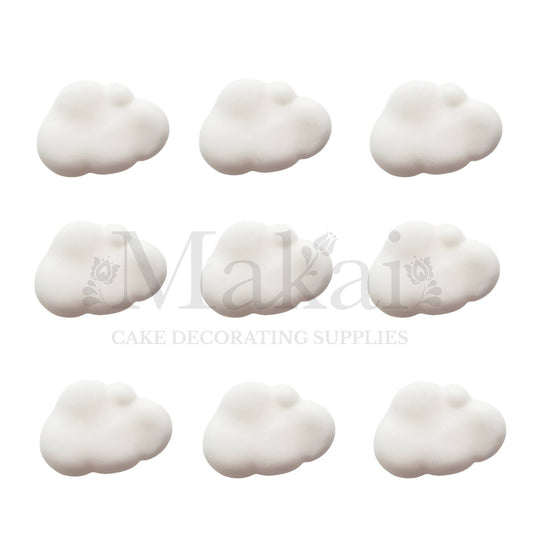 White cloud cake toppers arranged on a white background, handmade decorations from Makai Cake Decorating Supplies